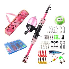 Kids Fishing Pole Set Fishing Starter Kit Telescopic Fishing Rod and Reel Combo Kit with Tackle Box 56Pcs Fishing Lures for Boys Girls (Color: Pink, Pole Length: 1.5M/5FT)